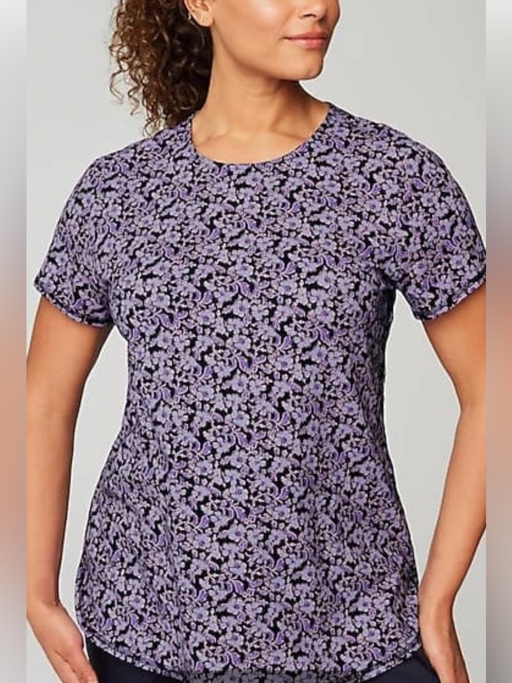 J Jill Fit Navy Blue Luminous Wallfloral Short-Sleeve Crewneck Top Large Tall